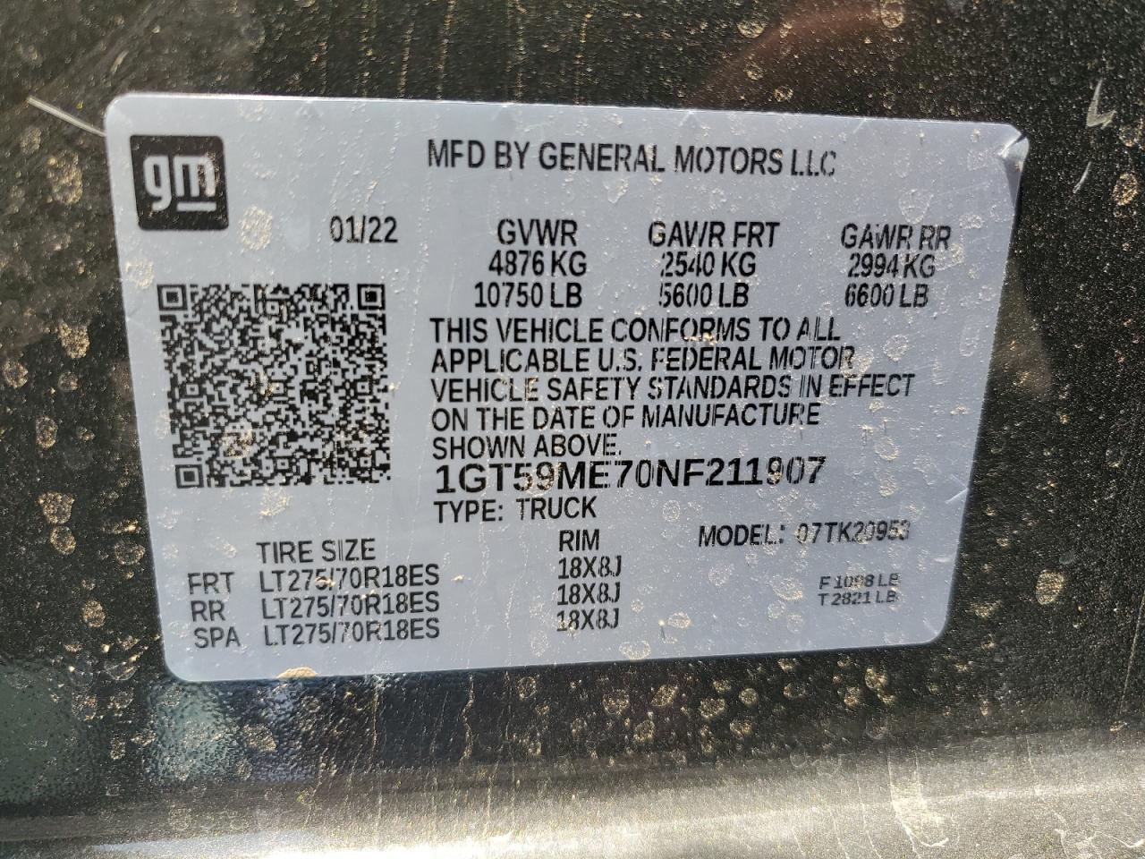 2022 GMC Sierra K2500 Sle VIN: 1GT59ME70NF211907 Lot: 68885694