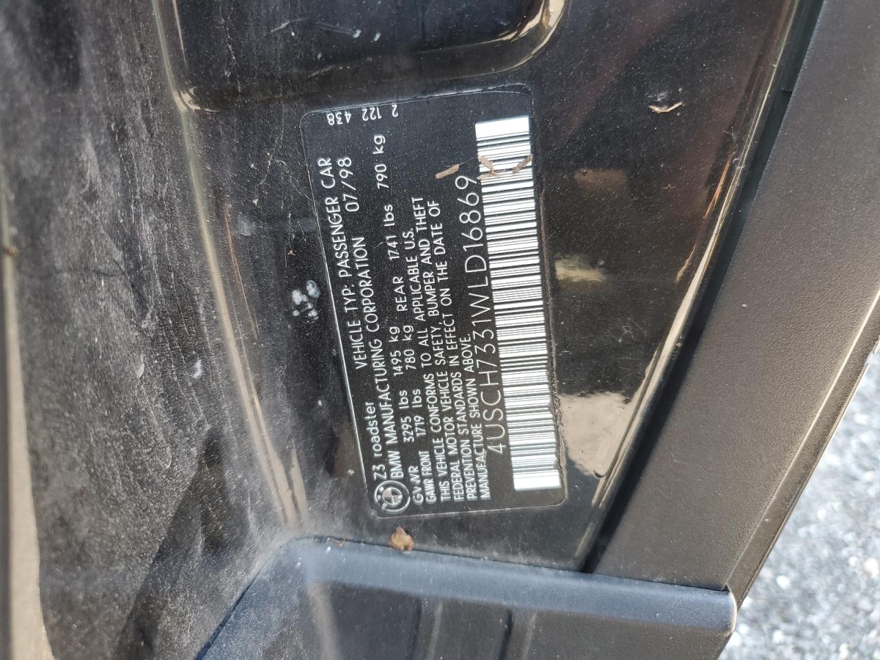 1998 BMW Z3 1.9 VIN: 4USCH7331WLD16869 Lot: 69151904