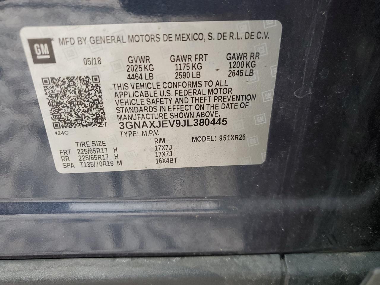 3GNAXJEV9JL380445 2018 Chevrolet Equinox Lt