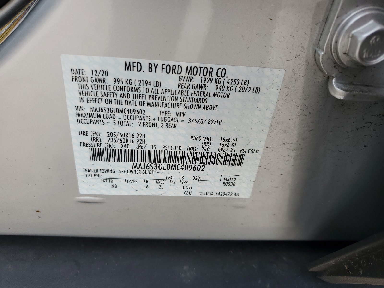 MAJ6S3GL0MC409602 2021 Ford Ecosport Se