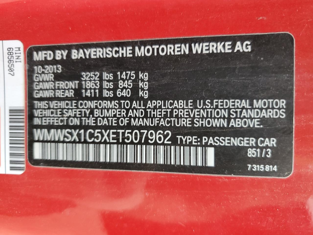 2014 Mini Cooper Coupe VIN: WMWSX1C5XET507962 Lot: 64949234