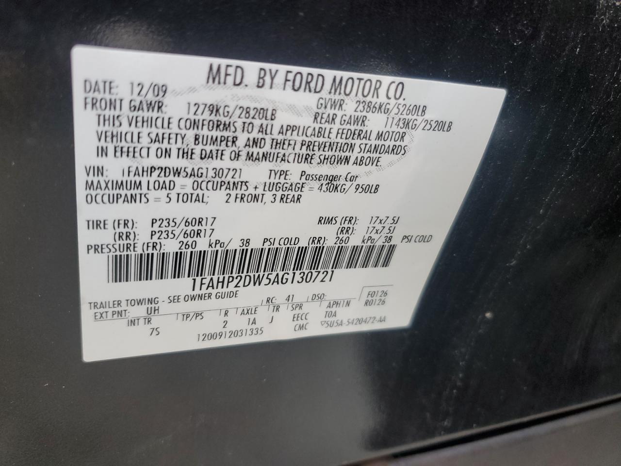 2010 Ford Taurus Se VIN: 1FAHP2DW5AG130721 Lot: 67708044