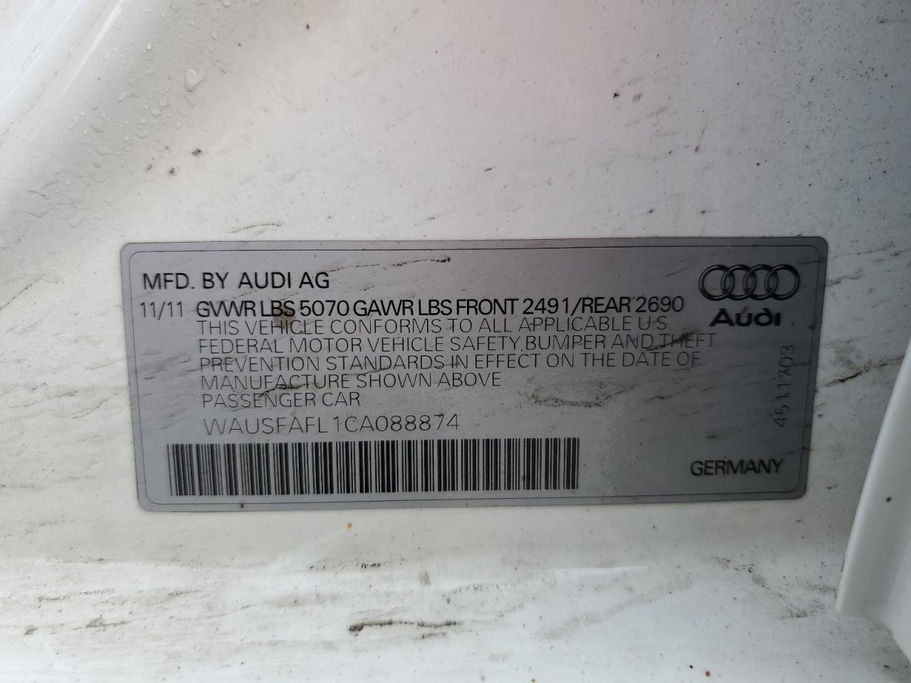 2012 Audi A4 Premium VIN: WAUSFAFL1CA088874 Lot: 67190864