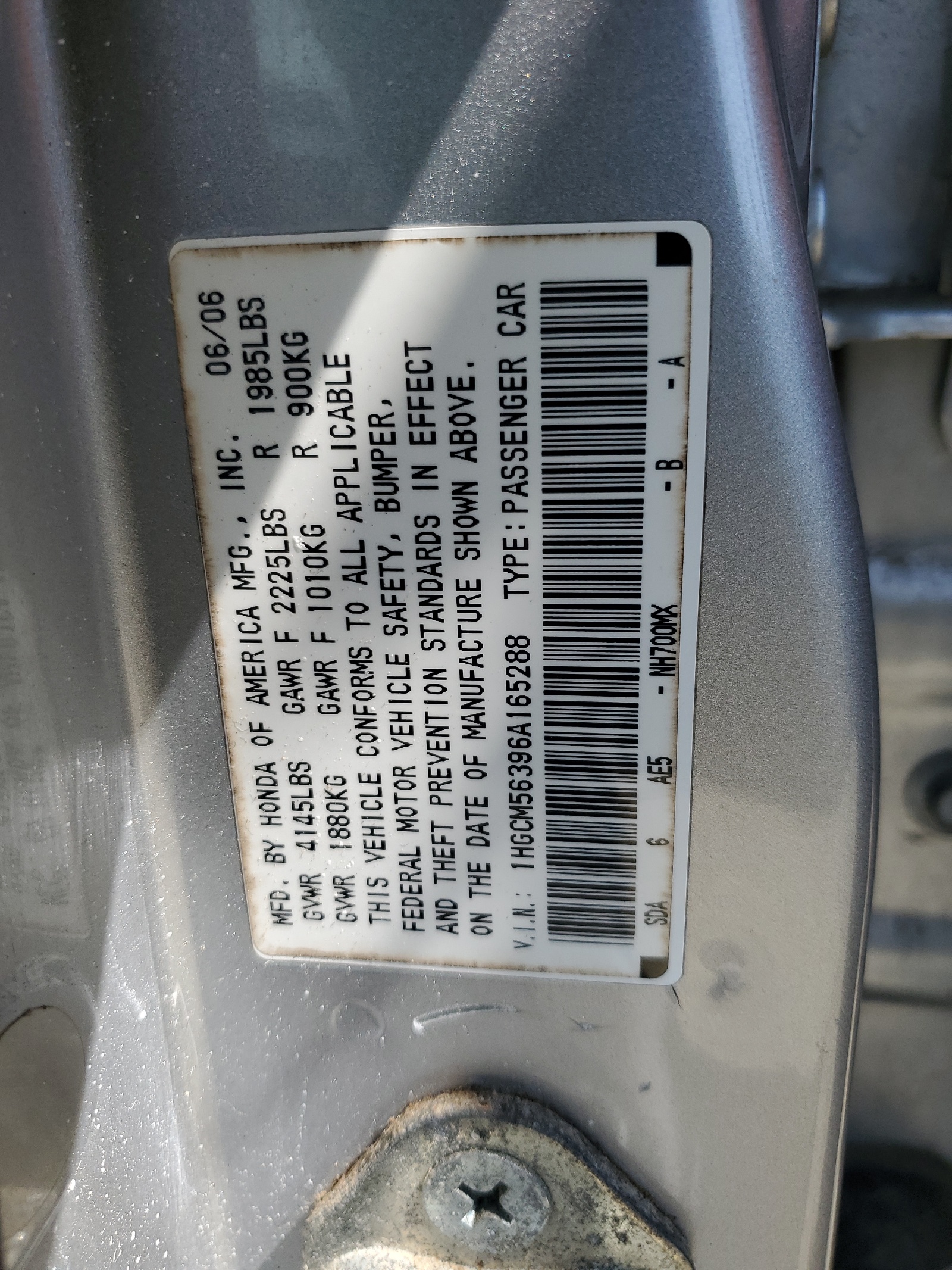 1HGCM56396A165288 2006 Honda Accord Se