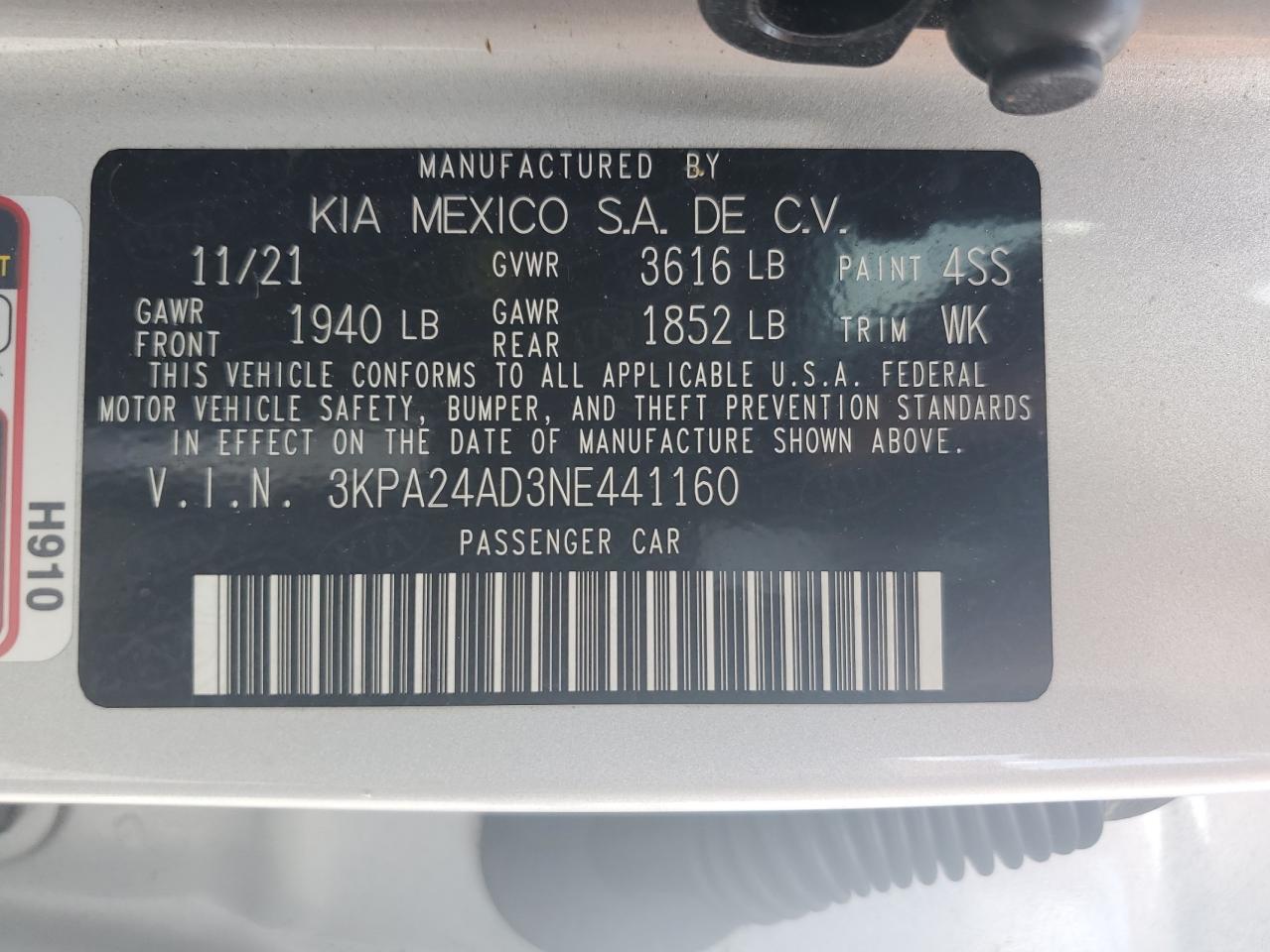 3KPA24AD3NE441160 2022 Kia Rio Lx