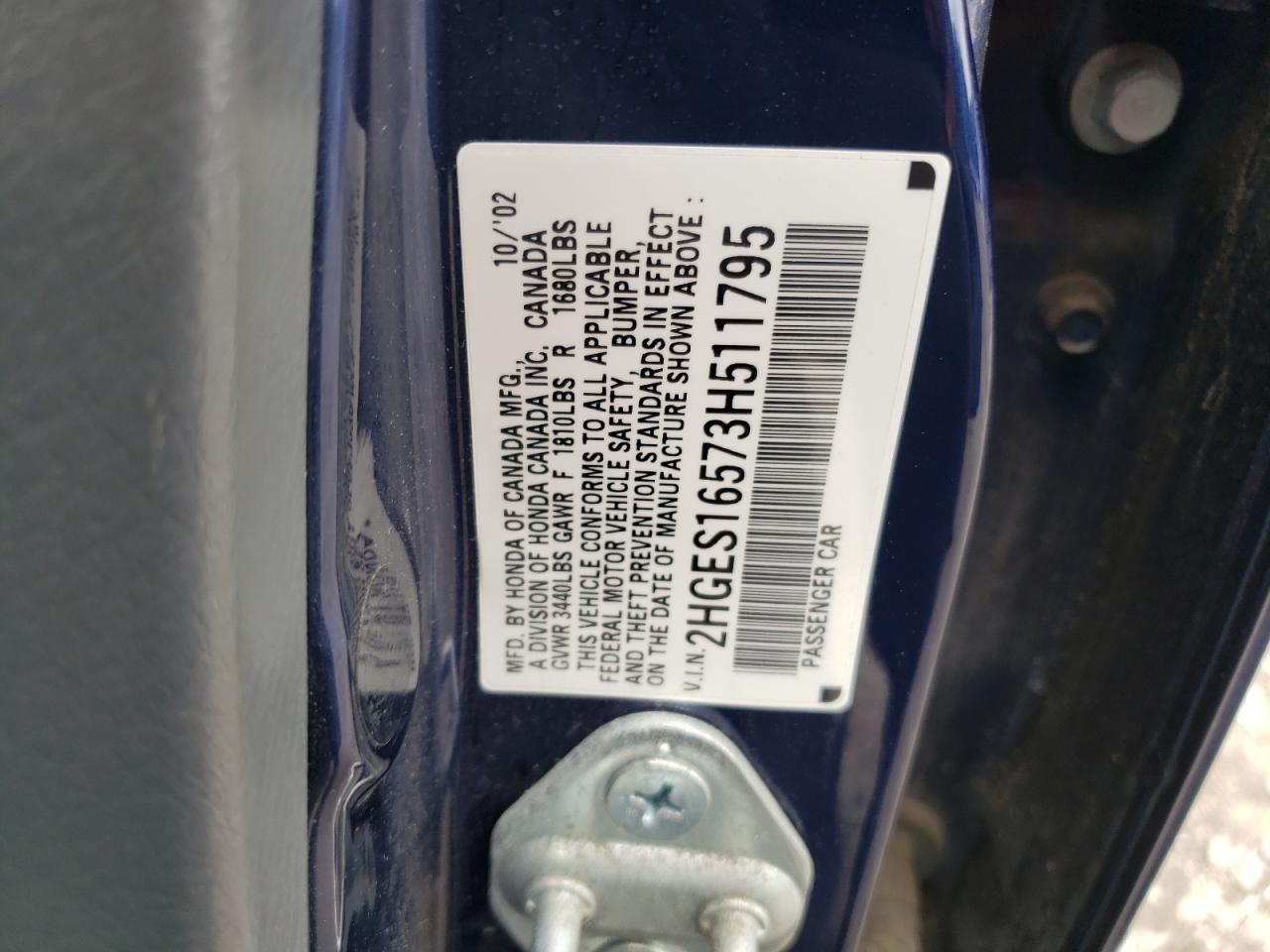 2003 Honda Civic Lx VIN: 2HGES16573H511795 Lot: 66555344