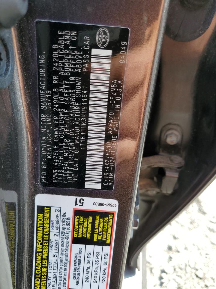 4T1B11HK3KU811641 2019 TOYOTA CAMRY - Image 12