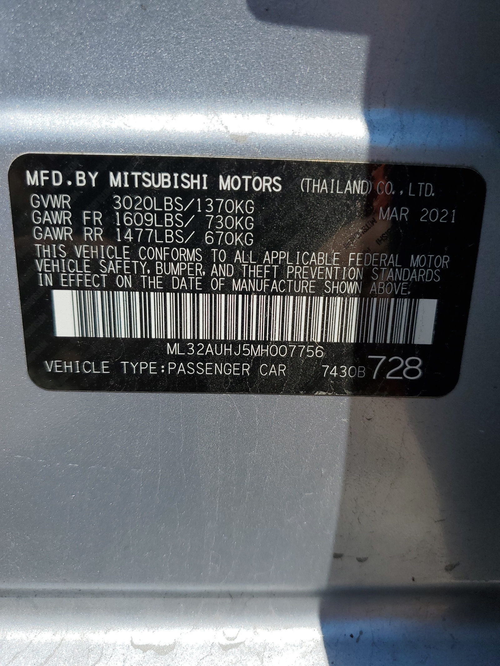 ML32AUHJ5MH007756 2021 Mitsubishi Mirage Es