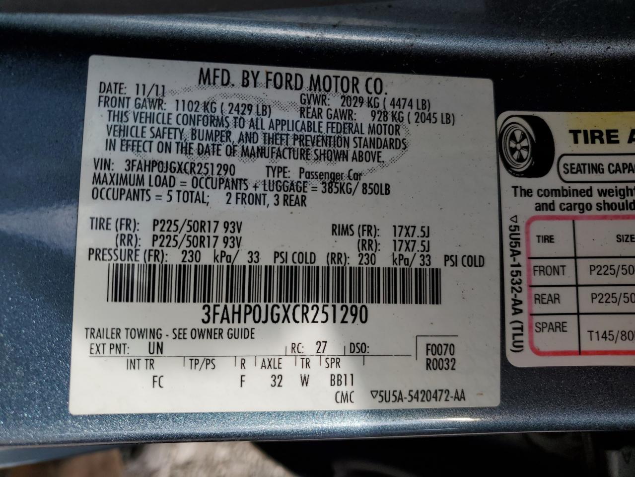 2012 Ford Fusion Sel VIN: 3FAHP0JGXCR251290 Lot: 67729014