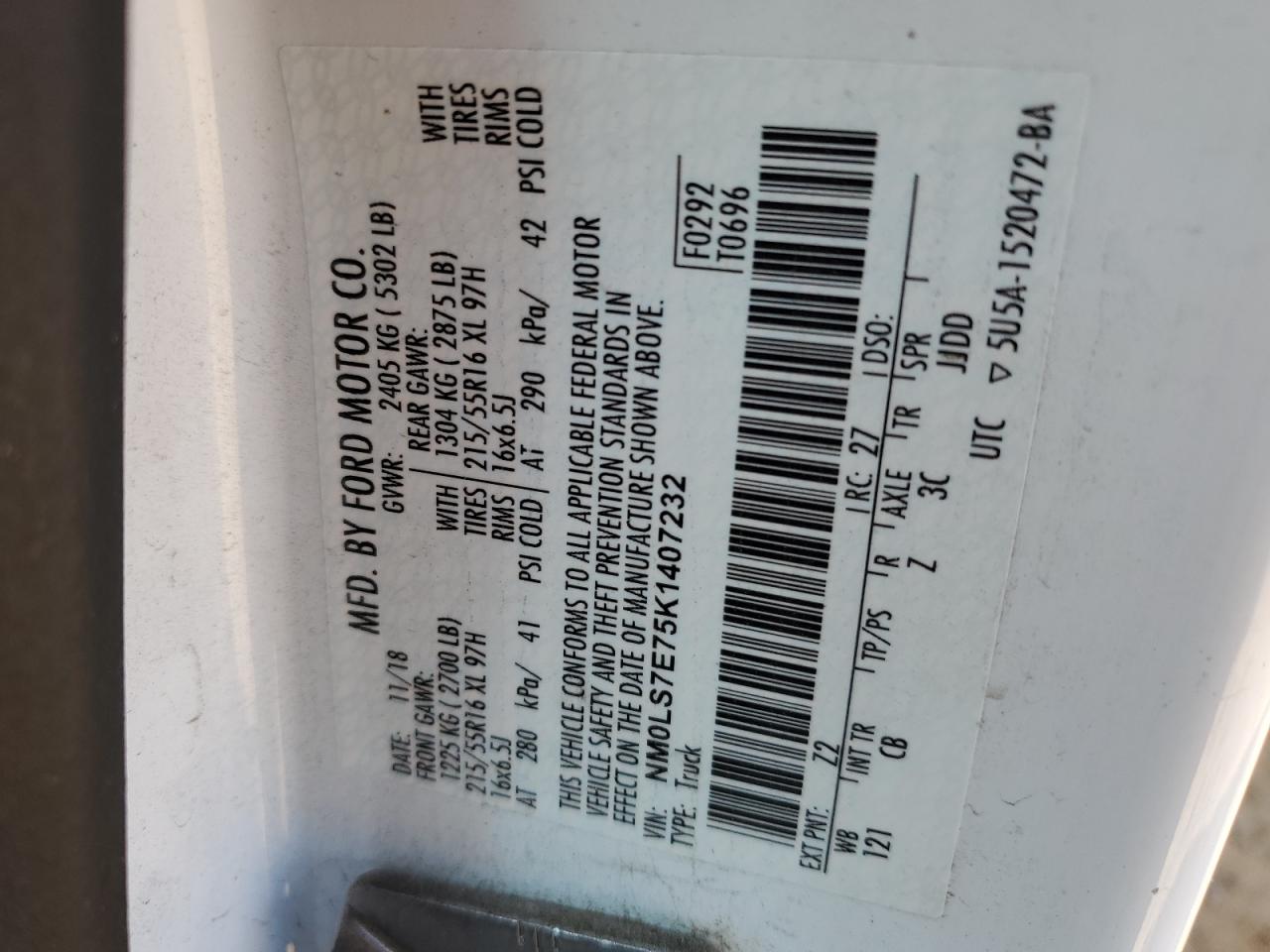 NM0LS7E75K1407232 2019 Ford Transit Connect Xl