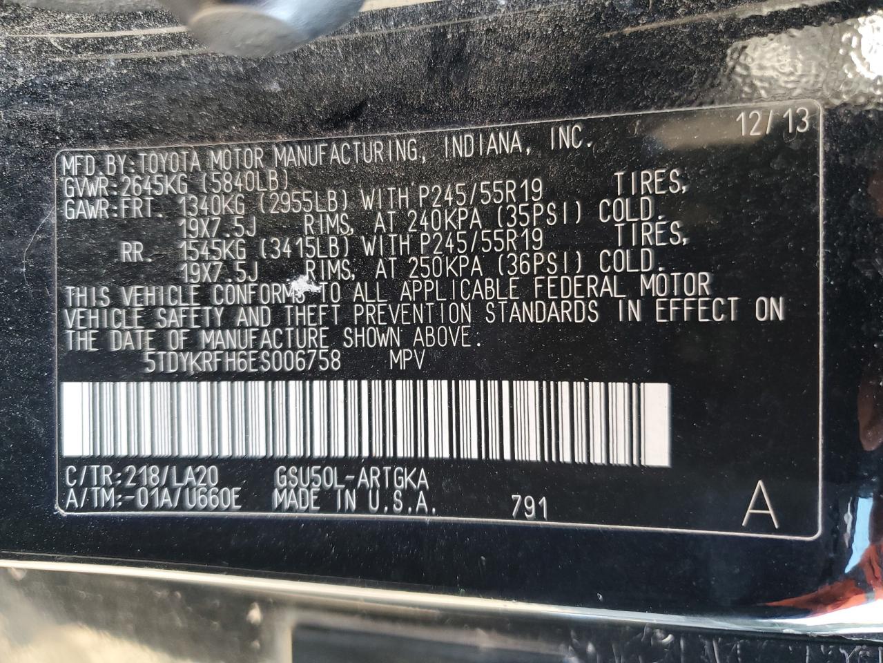 2014 Toyota Highlander Limited VIN: 5TDYKRFH6ES006758 Lot: 64824534