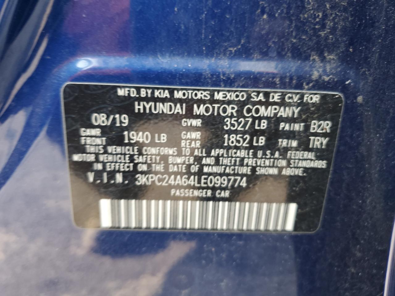 2020 Hyundai Accent Se VIN: 3KPC24A64LE099774 Lot: 65469794