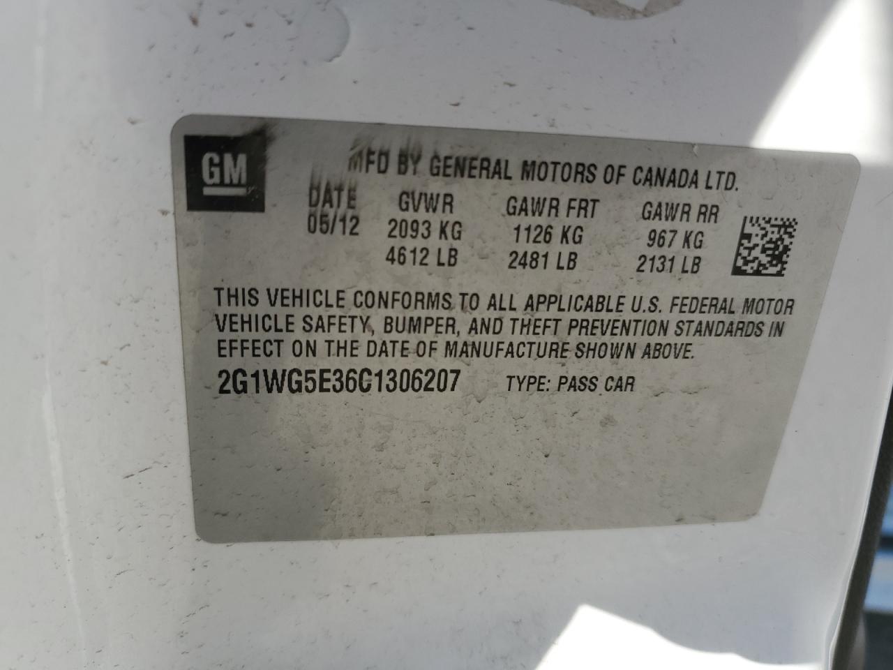 2G1WG5E36C1306207 2012 Chevrolet Impala Lt