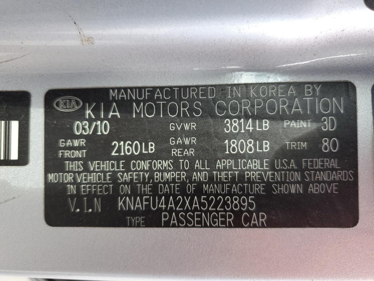 KNAFU4A2XA5223895 2010 Kia Forte Ex