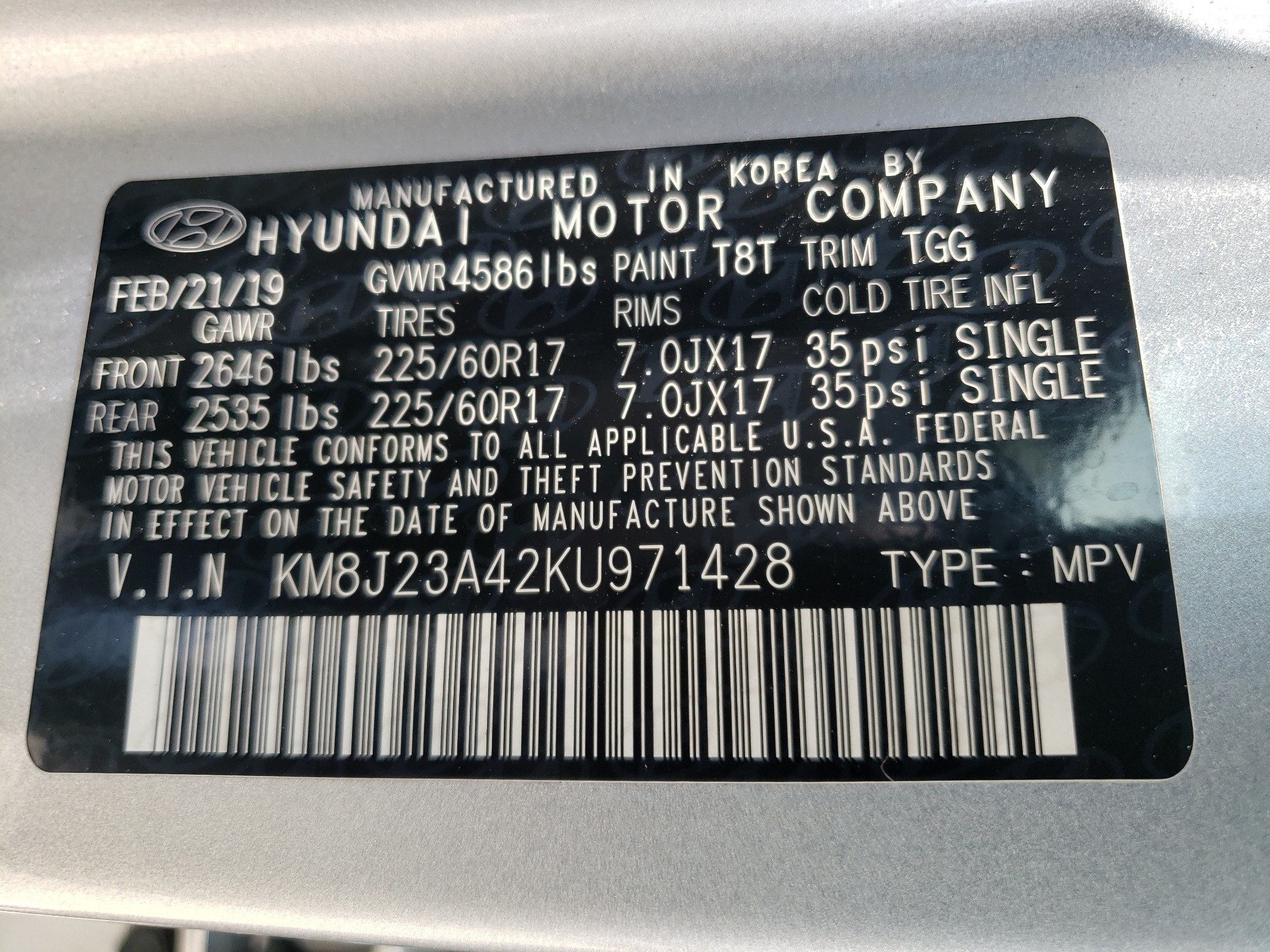 KM8J23A42KU971428 2019 Hyundai Tucson Se