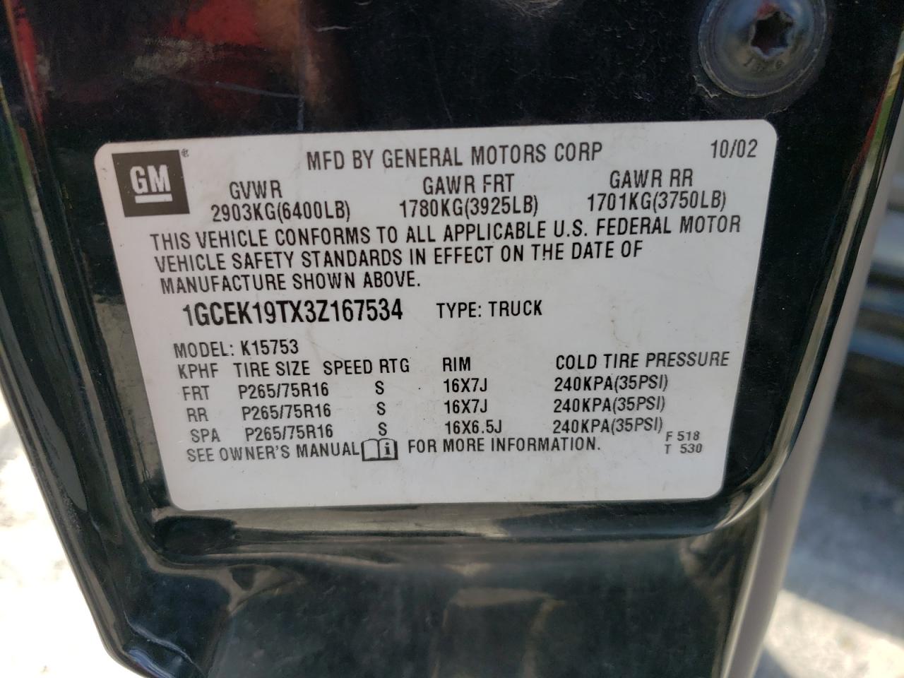 1GCEK19TX3Z167534 2003 Chevrolet Silverado K1500