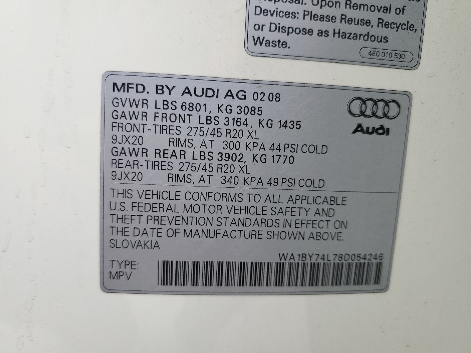 WA1BY74L78D054246 2008 Audi Q7 3.6 Quattro Premium