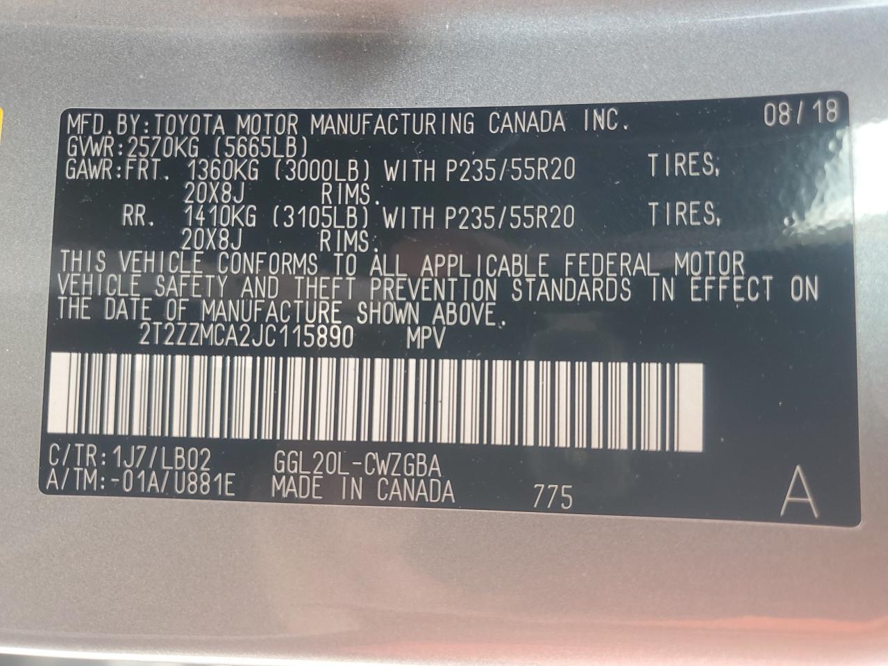 2018 Lexus Rx 350 Base VIN: 2T2ZZMCA2JC115890 Lot: 67365514