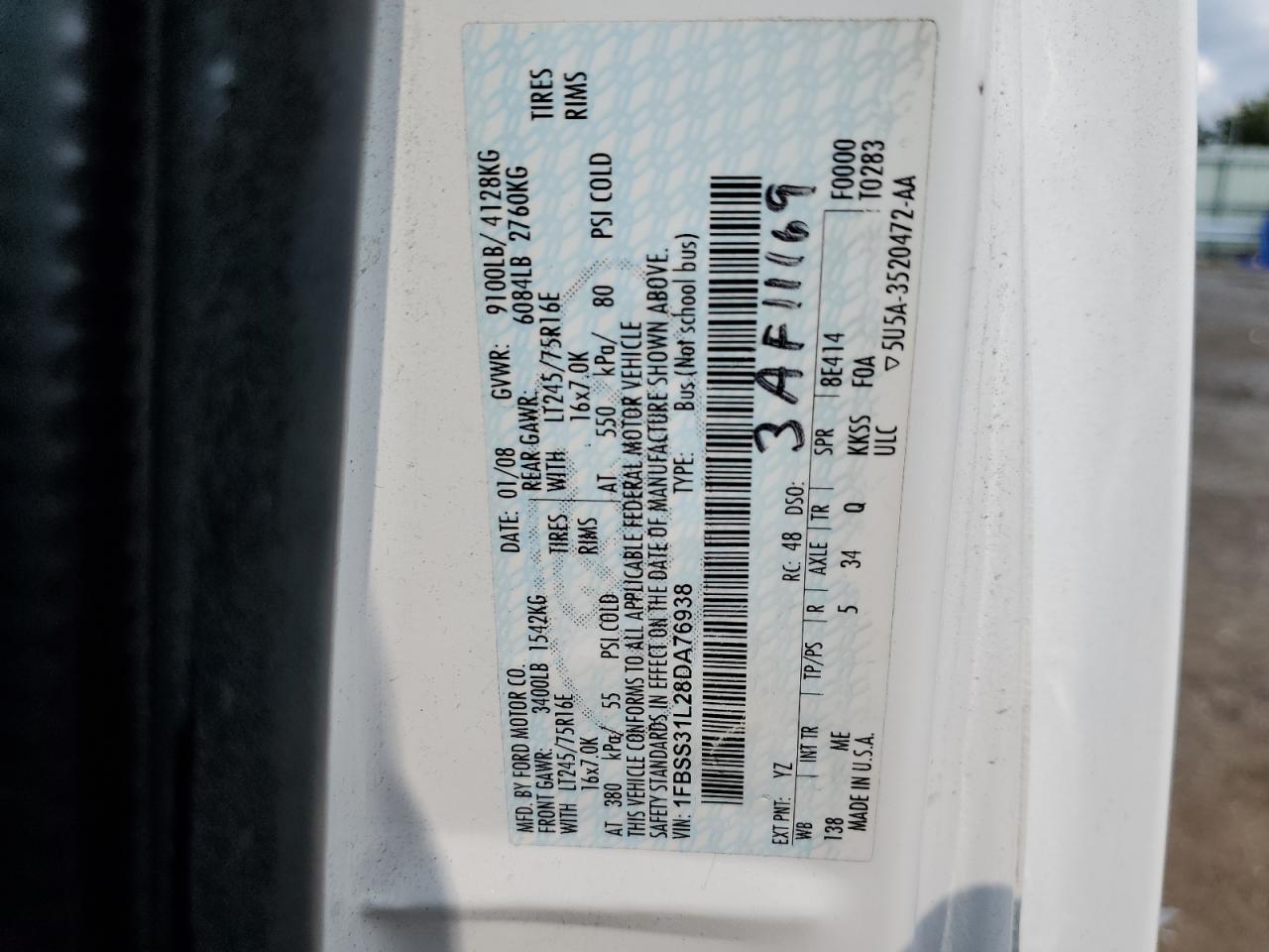 2008 Ford Econoline E350 Super Duty Wagon VIN: 1FBSS31L28DA76938 Lot: 67101244