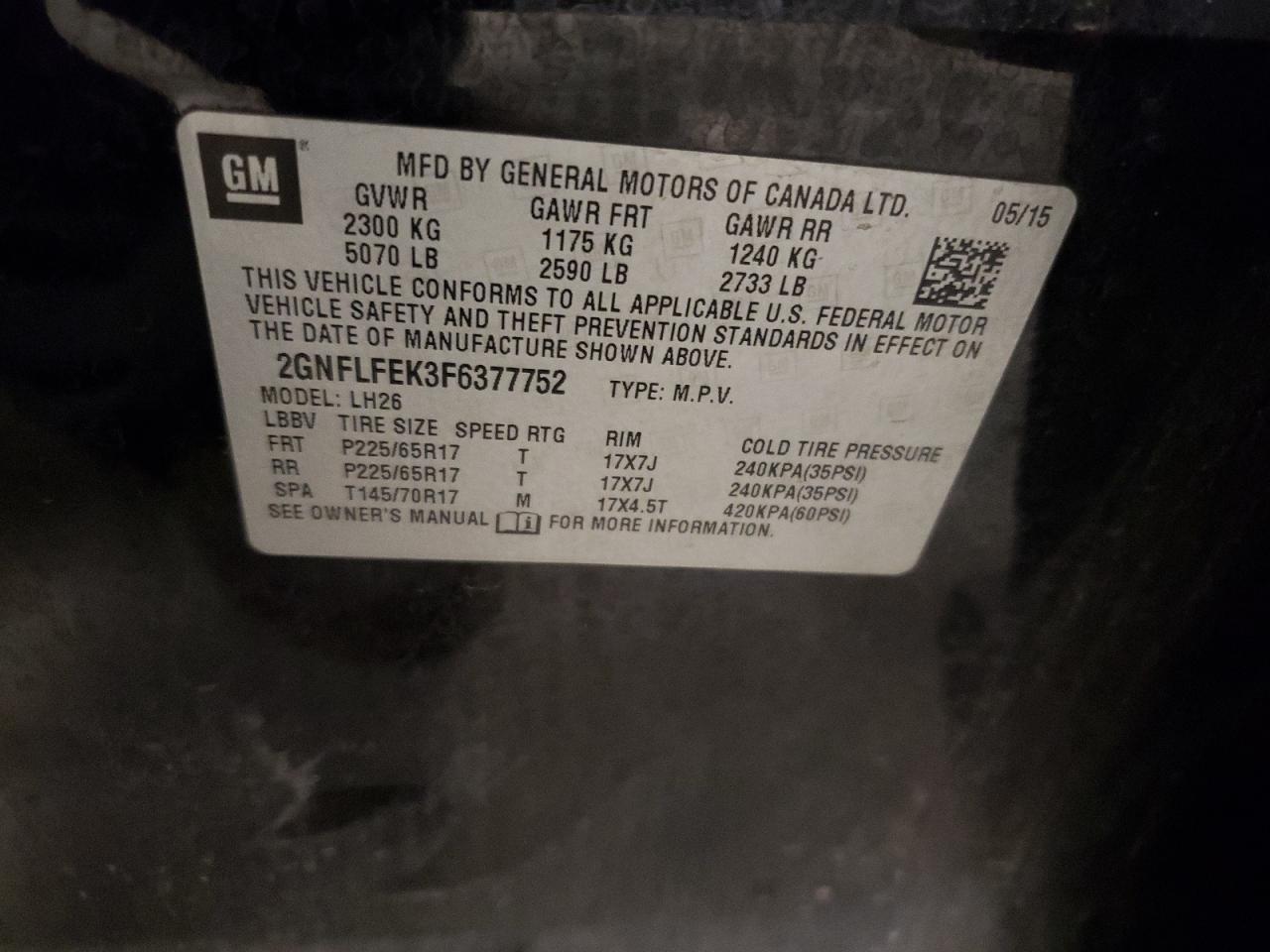 2GNFLFEK3F6377752 2015 Chevrolet Equinox Lt