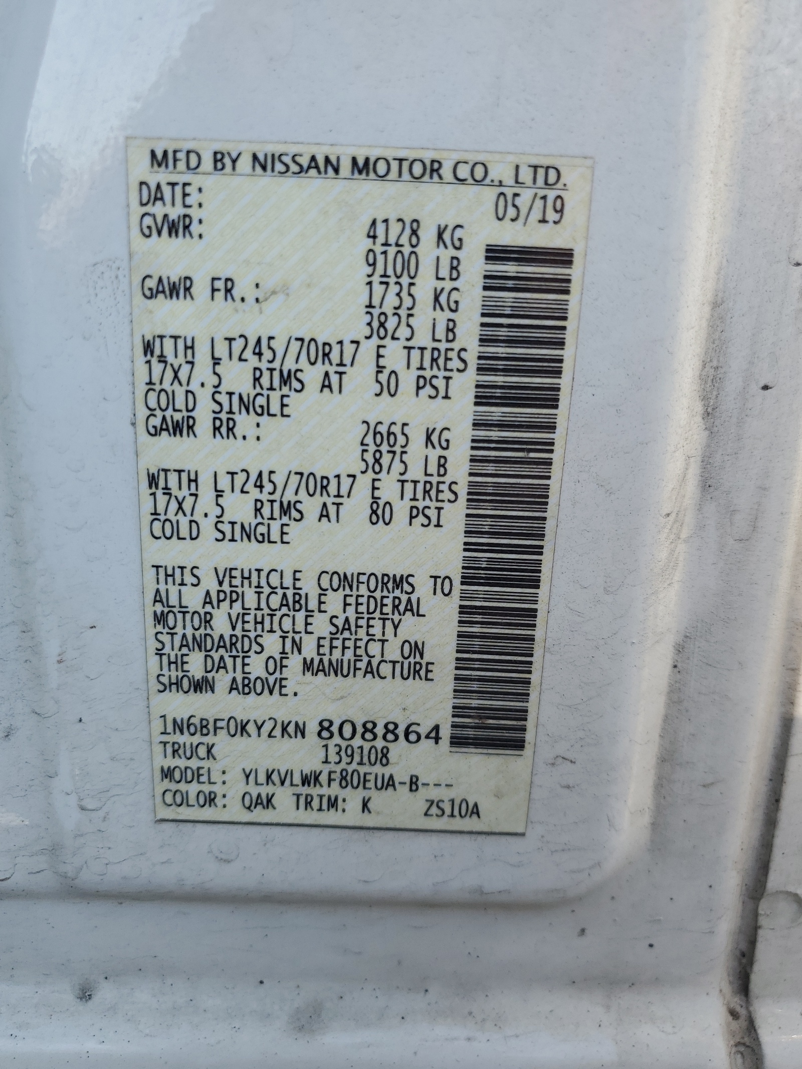 1N6BF0KY2KN808864 2019 Nissan Nv 2500 S