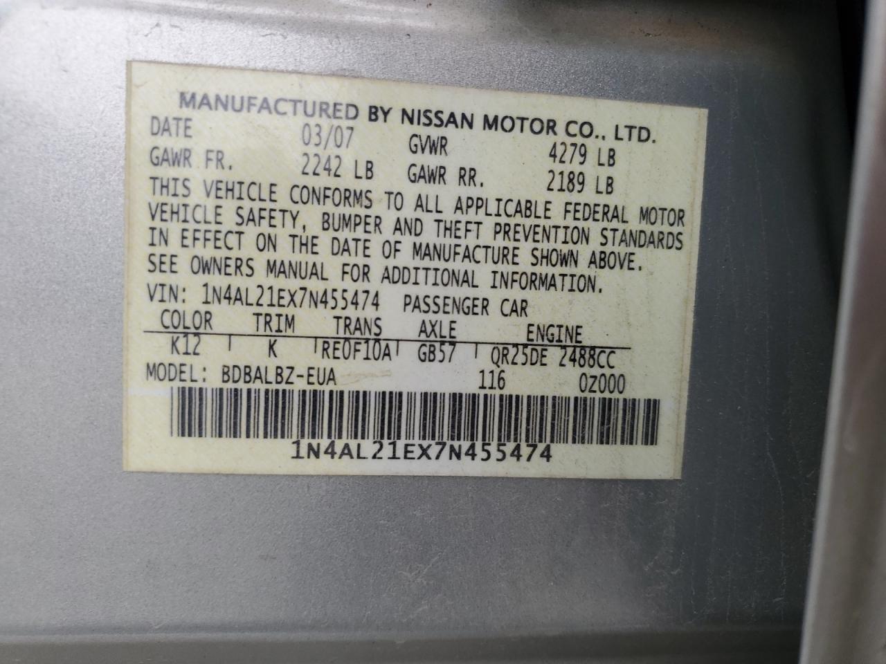 1N4AL21EX7N455474 2007 Nissan Altima 2.5