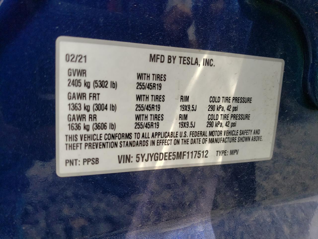 5YJYGDEE5MF117512 2021 Tesla Model Y