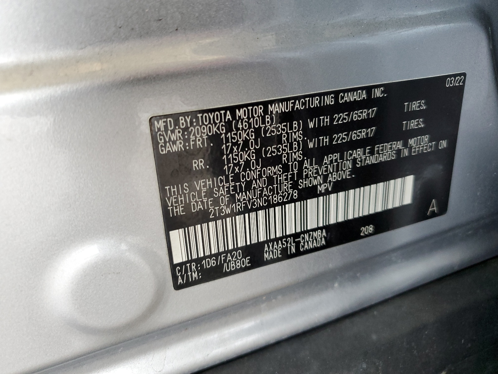 2T3W1RFV3NC186278 2022 Toyota Rav4 Xle