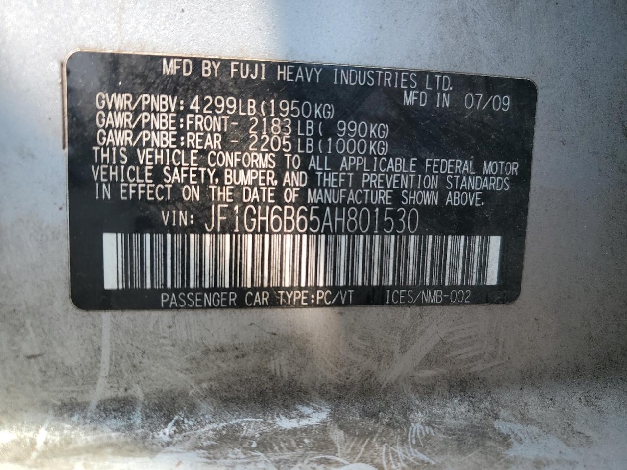 2010 Subaru Impreza 2.5I Premium VIN: JF1GH6B65AH801530 Lot: 65323064