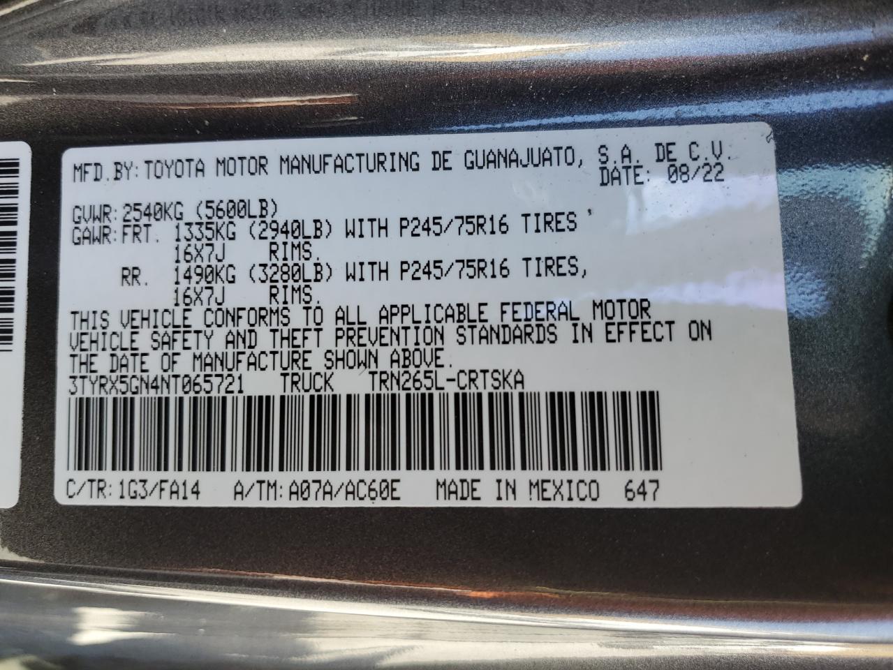 2022 Toyota Tacoma Access Cab VIN: 3TYRX5GN4NT065721 Lot: 68665794