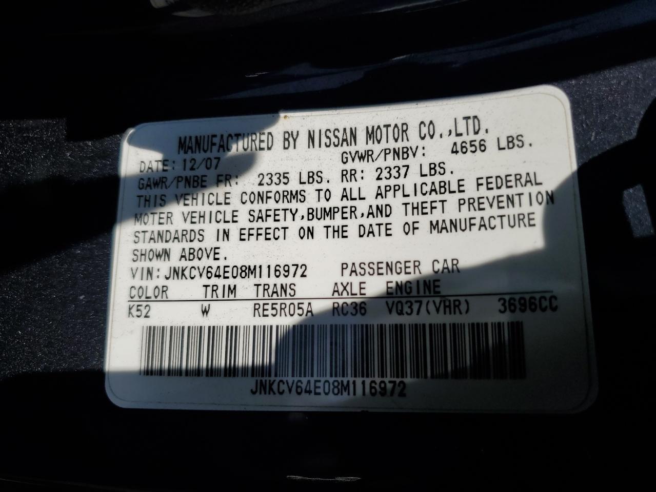 2008 Infiniti G37 Base VIN: JNKCV64E08M116972 Lot: 66564354