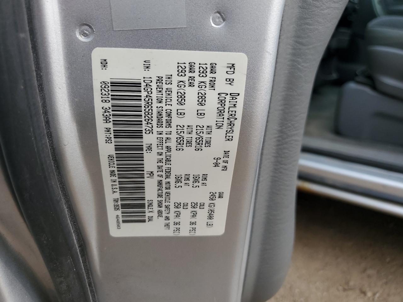 2005 Dodge Caravan Sxt VIN: 1D4GP45R65B264735 Lot: 66318854