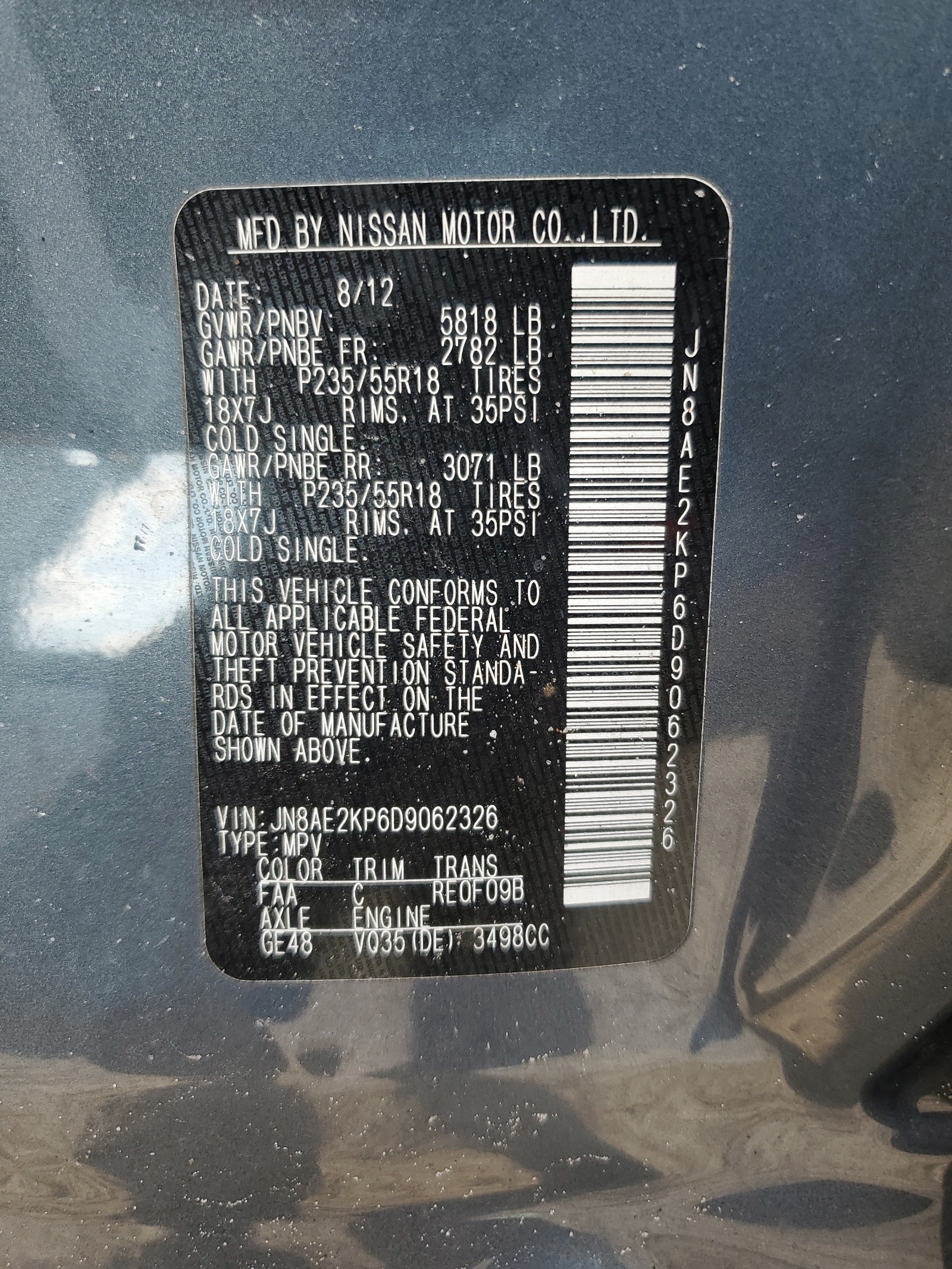 JN8AE2KP6D9062326 2013 Nissan Quest S