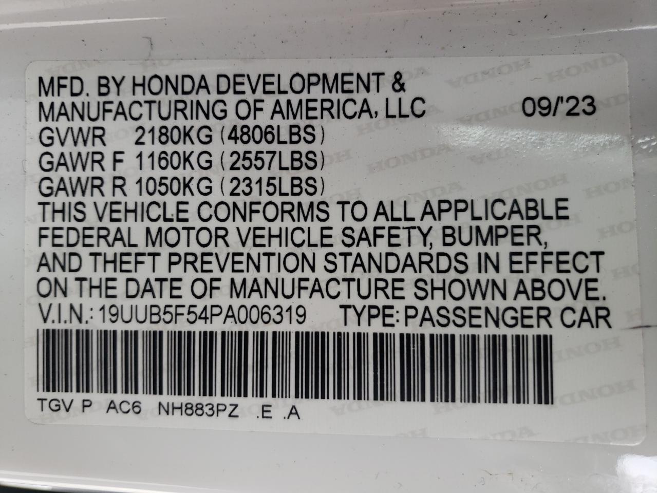 19UUB5F54PA006319 2023 Acura Tlx Tech A