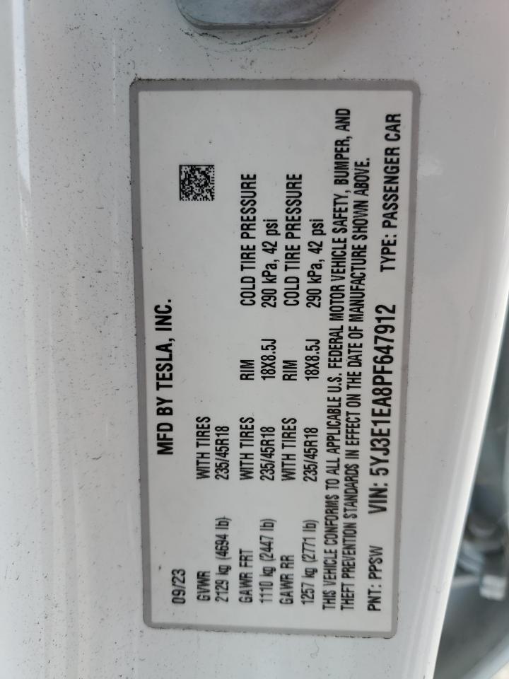 5YJ3E1EA8PF647912 2023 Tesla Model 3