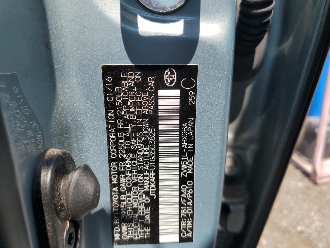 2016 Toyota Prius VIN: JTDKARFU1G3503825 Lot: 65262084