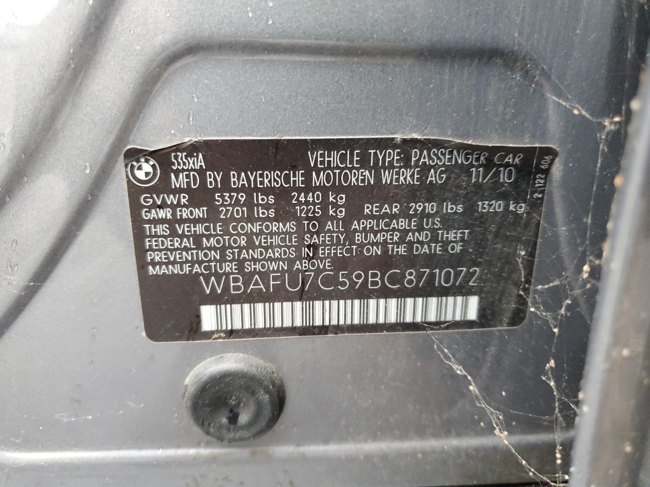 2011 BMW 535 Xi VIN: WBAFU7C59BC871072 Lot: 67509594