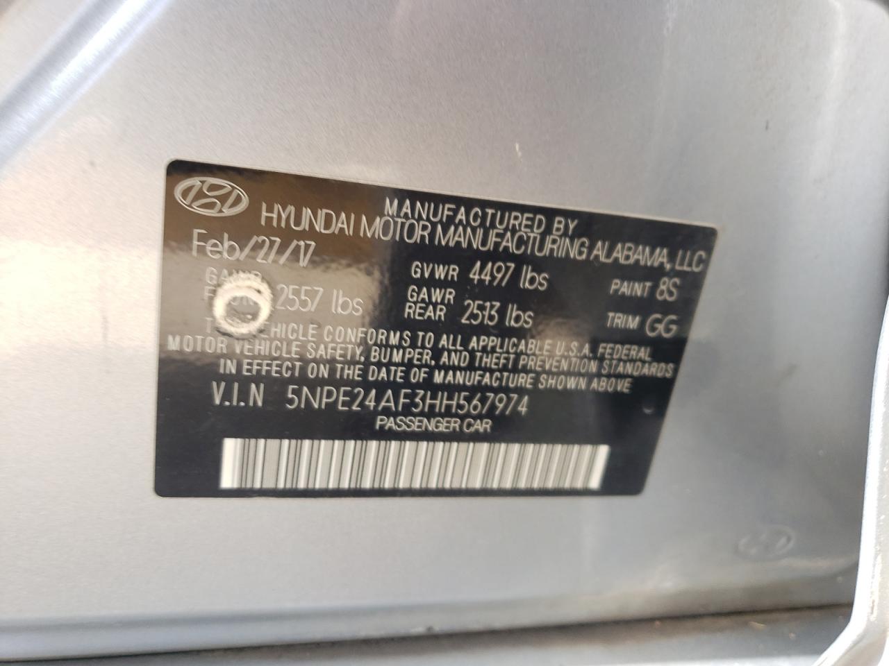 5NPE24AF3HH567974 2017 Hyundai Sonata Se