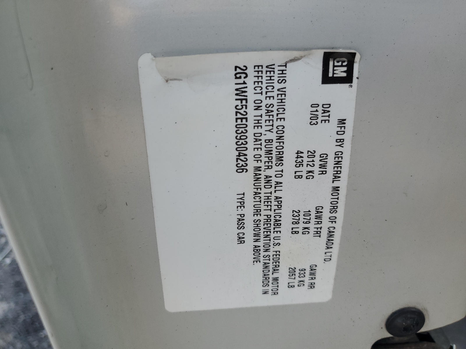 2G1WF52E039304236 2003 Chevrolet Impala