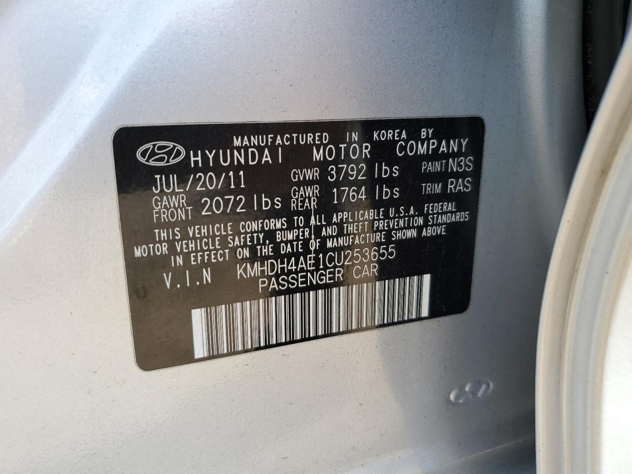 KMHDH4AE1CU253655 2012 Hyundai Elantra Gls