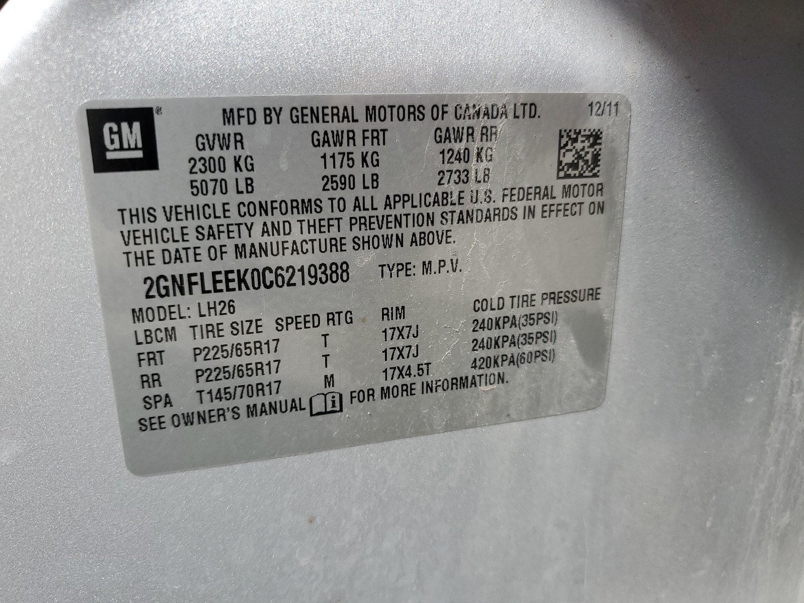 2GNFLEEK0C6219388 2012 Chevrolet Equinox Lt