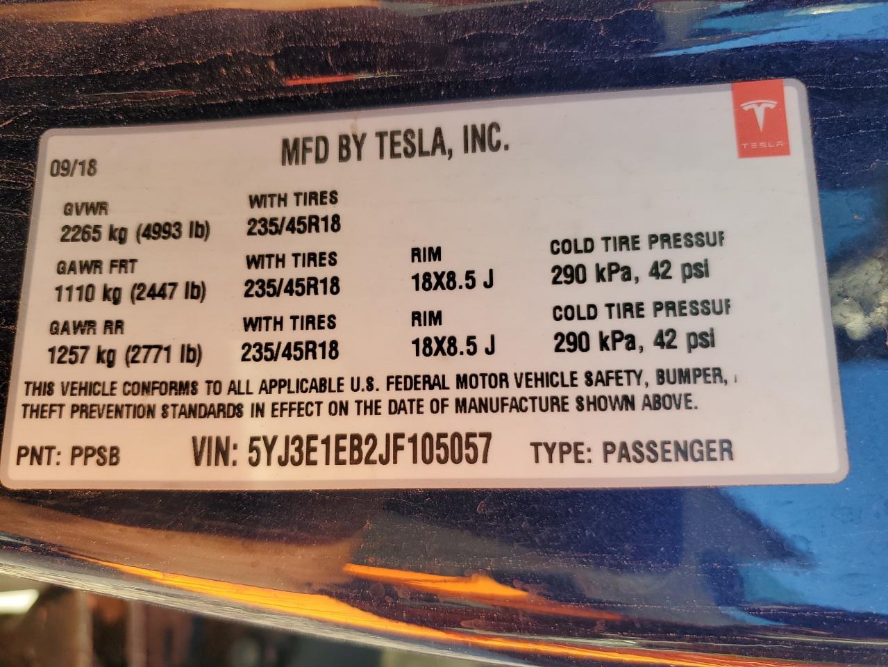 5YJ3E1EB2JF105057 2018 Tesla Model 3