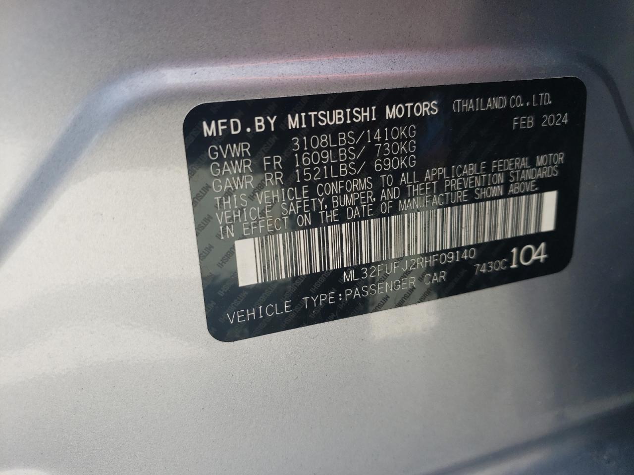 2024 Mitsubishi Mirage G4 Es VIN: ML32FUFJ2RHF09140 Lot: 68760244