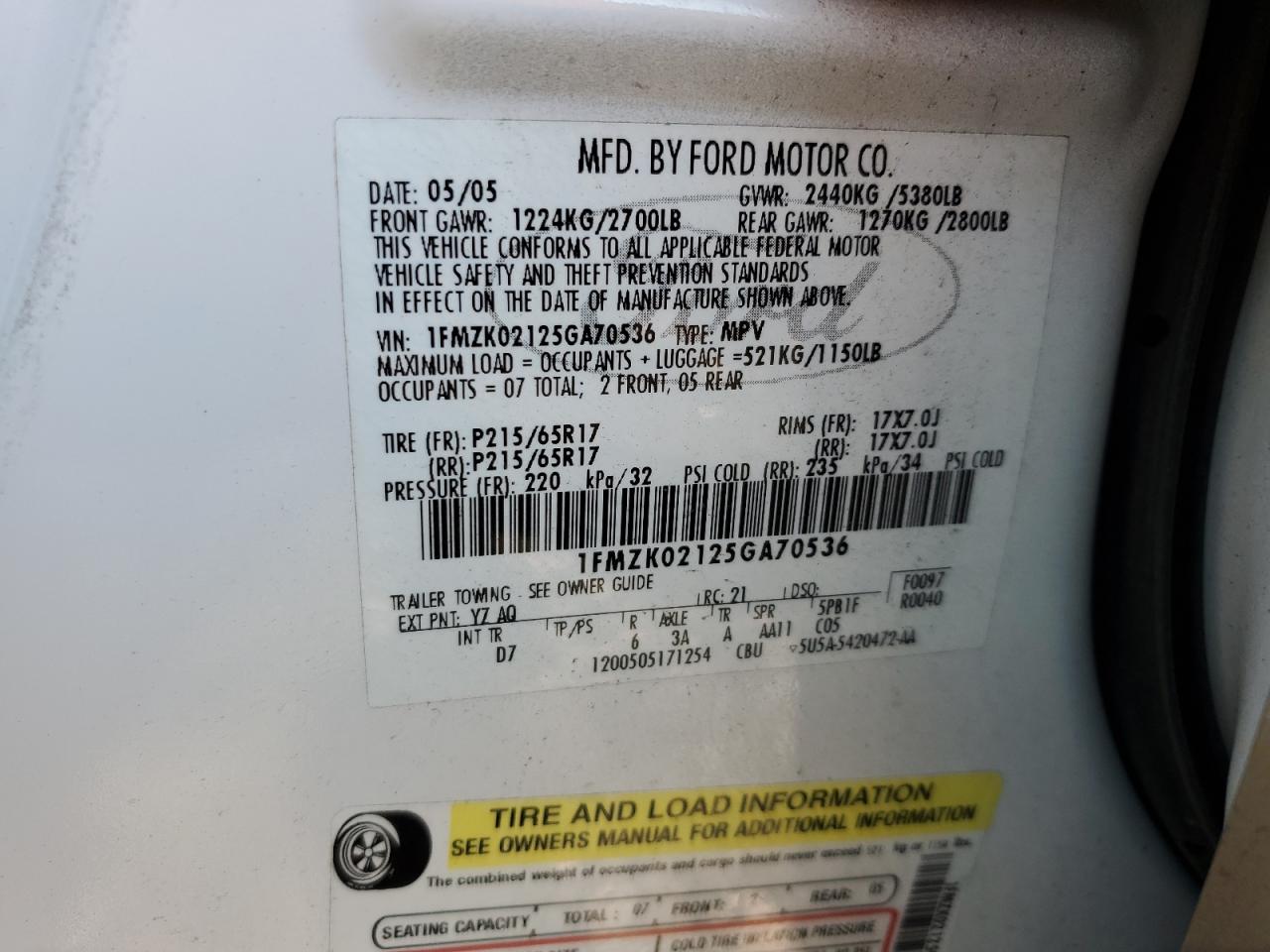 1FMZK02125GA70536 2005 Ford Freestyle Sel