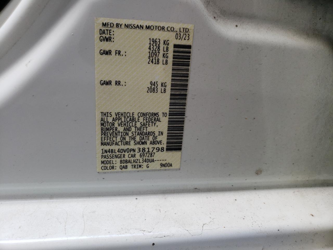 2023 Nissan Altima Sv VIN: 1N4BL4DV0PN381798 Lot: 69090464