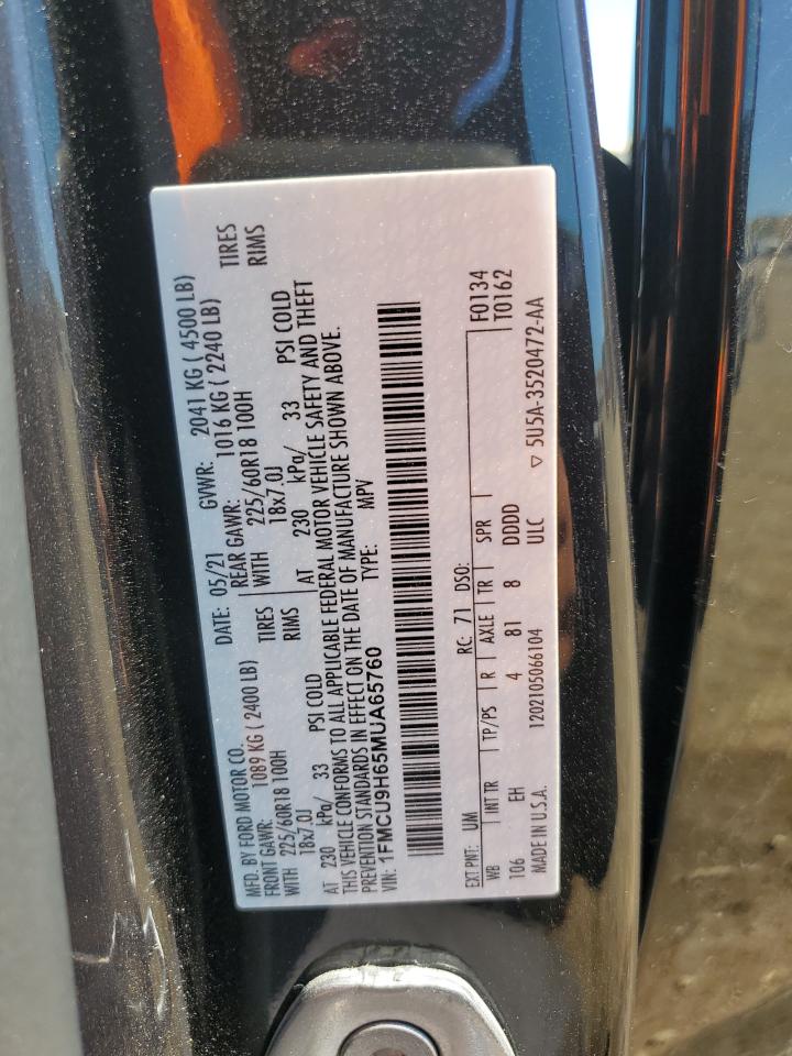 2021 Ford Escape Sel VIN: 1FMCU9H65MUA65760 Lot: 68150014