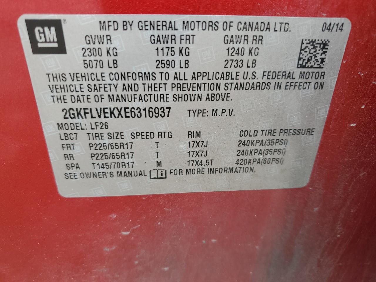 2014 GMC Terrain Sle VIN: 2GKFLVEKXE6316937 Lot: 66697244