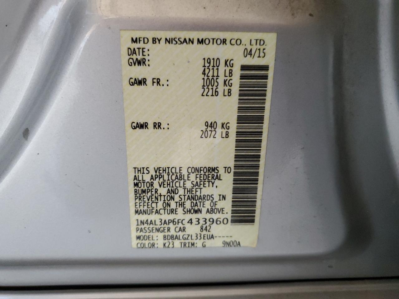 2015 Nissan Altima 2.5 VIN: 1N4AL3AP6FC433960 Lot: 68685934