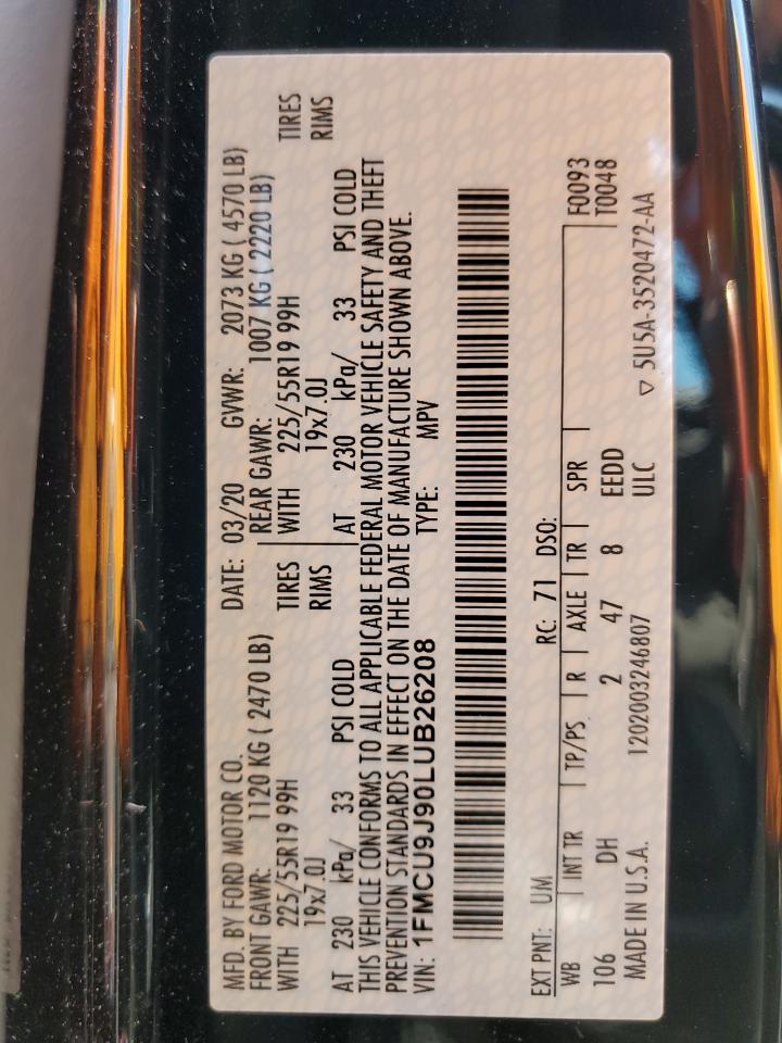 2020 Ford Escape Titanium VIN: 1FMCU9J90LUB26208 Lot: 65930344