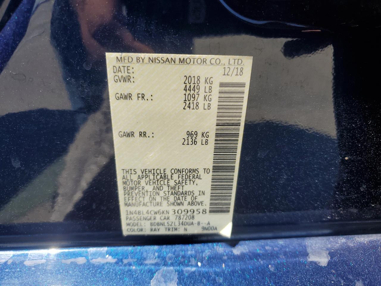 1N4BL4CW6KN309958 2019 Nissan Altima Sr
